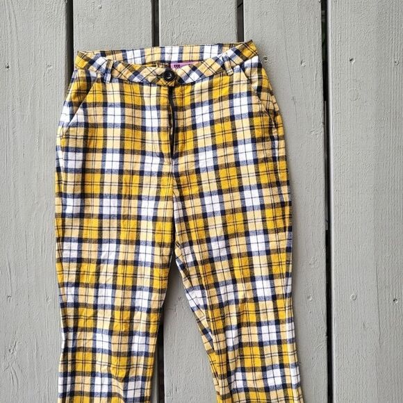 Unif Yellow & White Dawson Plaid High Waisted Cropped Straight Cotton Pants 24 - Picture 7 of 9